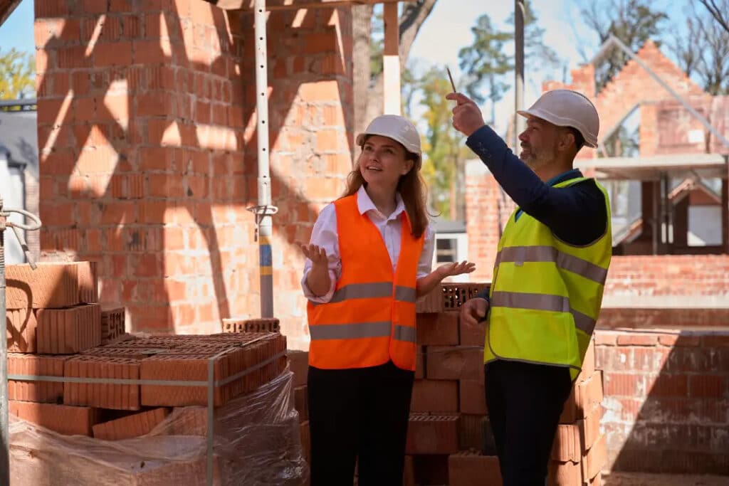 Construction professionals discussing brickwork restoration, surrounded by stacks of bricks in a building site setting.