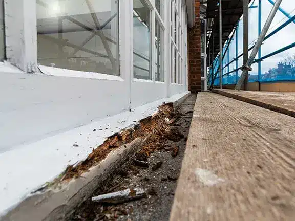 Close-up of a deteriorating timber window sill showing rot and debris, with surrounding scaffolding indicating ongoing restoration work on period properties.