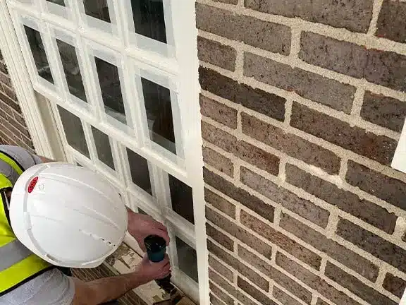 Worker repairing timber window on historic building, wearing safety helmet and high-visibility vest, focusing on restoration techniques for period properties.