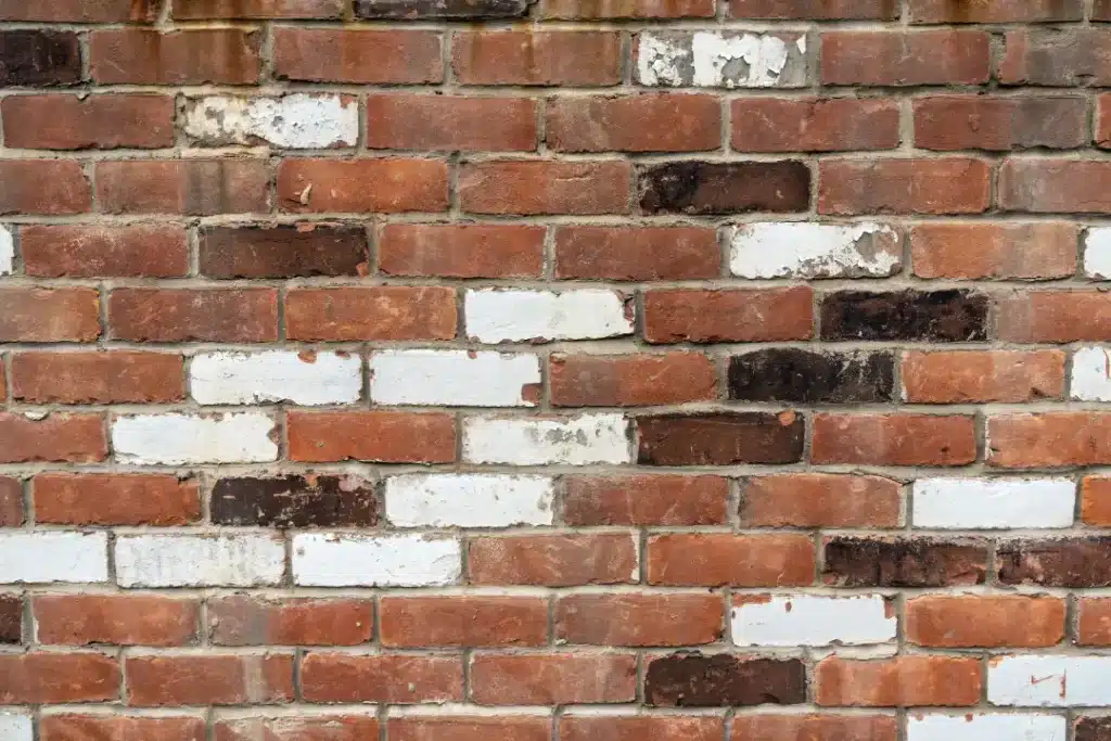 Brick wall with discolouration, visible stains, and varying hues, illustrating the need for regular cleaning and maintenance to enhance aesthetic appeal and prevent structural damage.