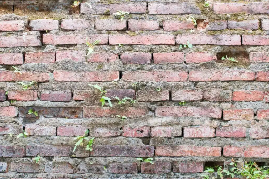Brick wall with visible dirt accumulation, overgrown with small plants, relevant to discussions on brickwork maintenance and repointing in building insurance context.