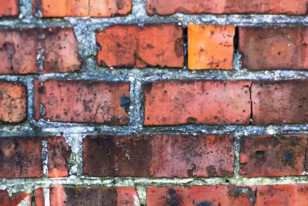 Close-up of weathered brick wall showing dirt and organic growth, highlighting seasonal cleaning challenges for maintaining structural integrity and appearance of brickwork.