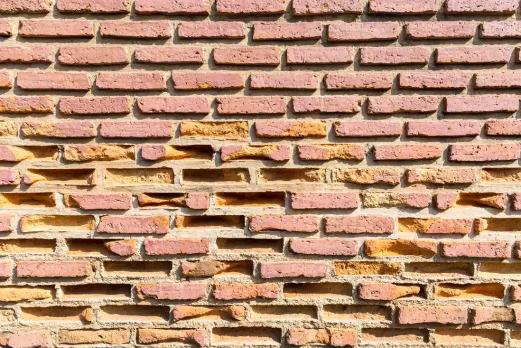Brick wall with varying degrees of wear and damage, highlighting areas needing repointing and mortar replacement, relevant to masonry restoration and project duration considerations.