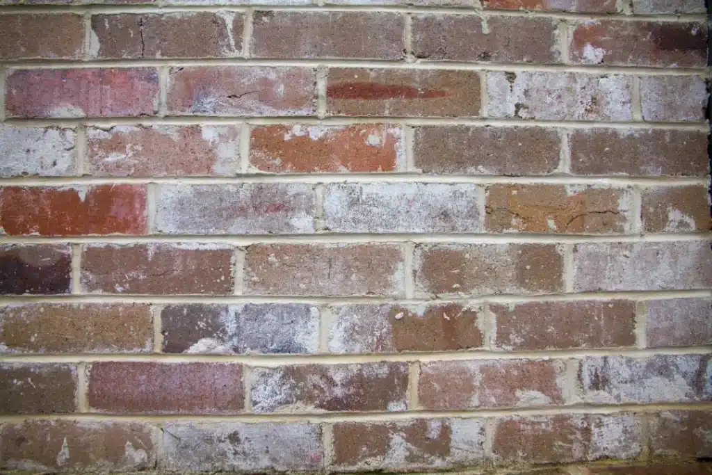 Brick wall with varying shades of red and brown, showing signs of wear and mortar deterioration, relevant to repointing masonry restoration processes.