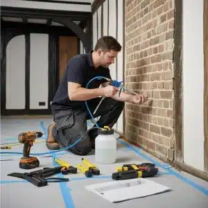 Man applying damp-proof injection to a brick wall with restoration tools and equipment, illustrating building preservation techniques.