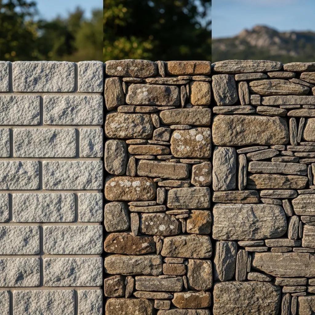 Three types of stone masonry showcasing different textures and finishes, illustrating the craftsmanship and variety in stone restoration techniques relevant to conservation practices.