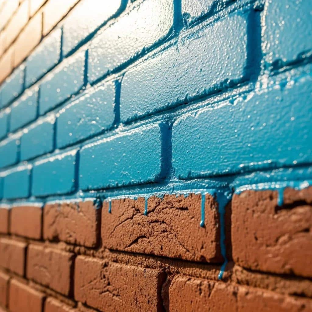 Blue and brown painted brick wall showcasing a fresh coat of paint, relevant to discussions on masonry maintenance and painting techniques.
