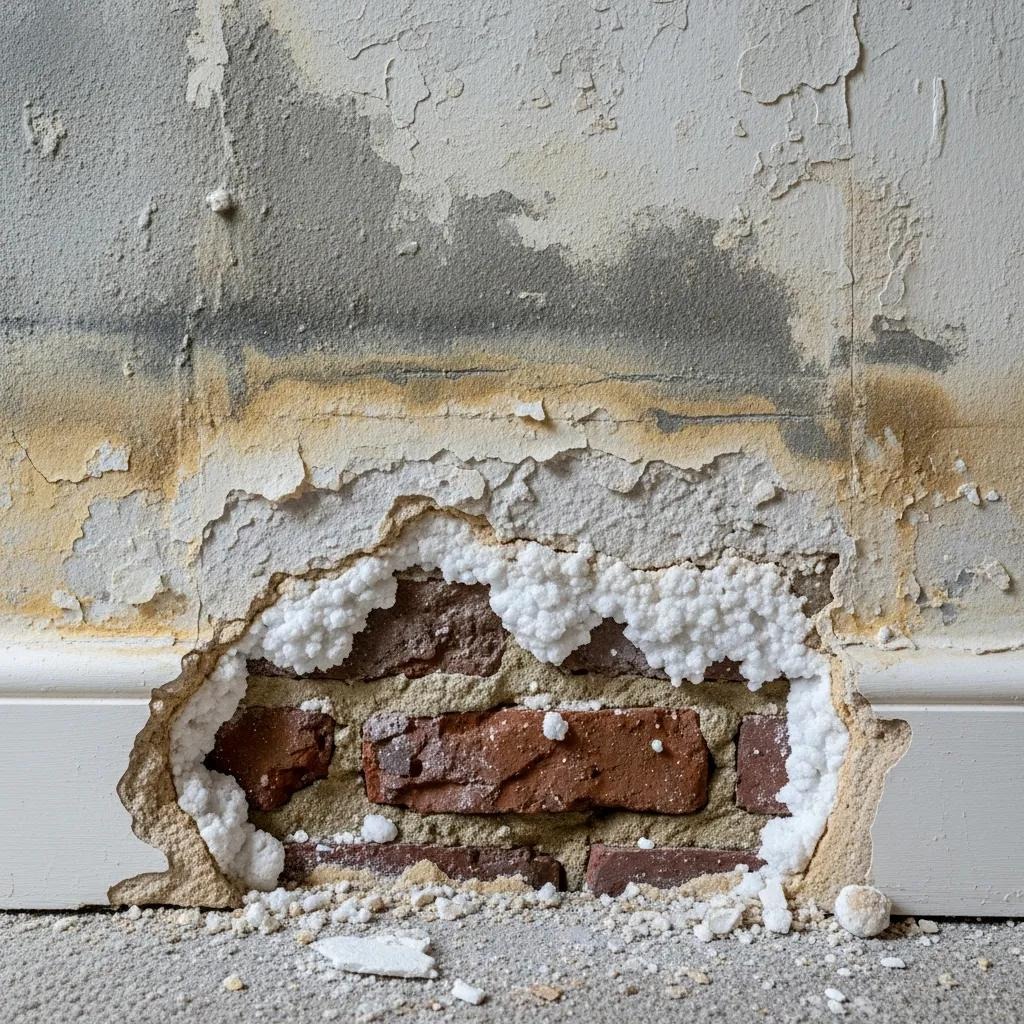 Rising damp damage on interior wall showing peeling plaster, salt deposits, and exposed brick, indicative of moisture issues in older buildings.