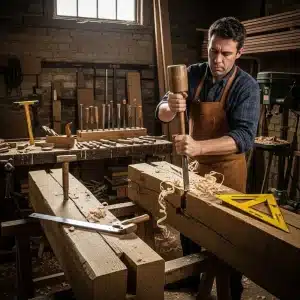 Carpenter using traditional joinery methods to repair a historic timber frame in a workshop setting, reflecting heritage restoration techniques in London.
