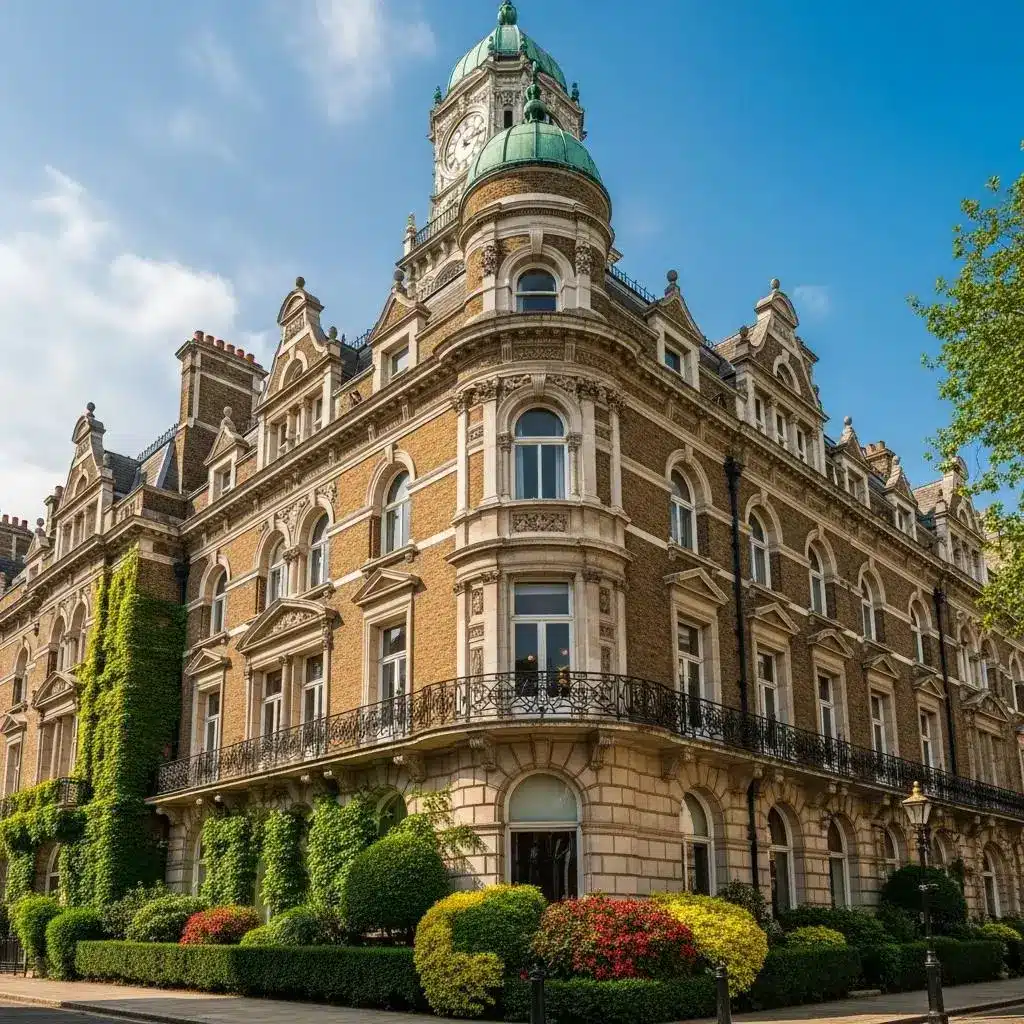 Historic London building with ornate architecture, featuring a clock tower, decorative stonework, and lush greenery, representing listed building consent and heritage planning.