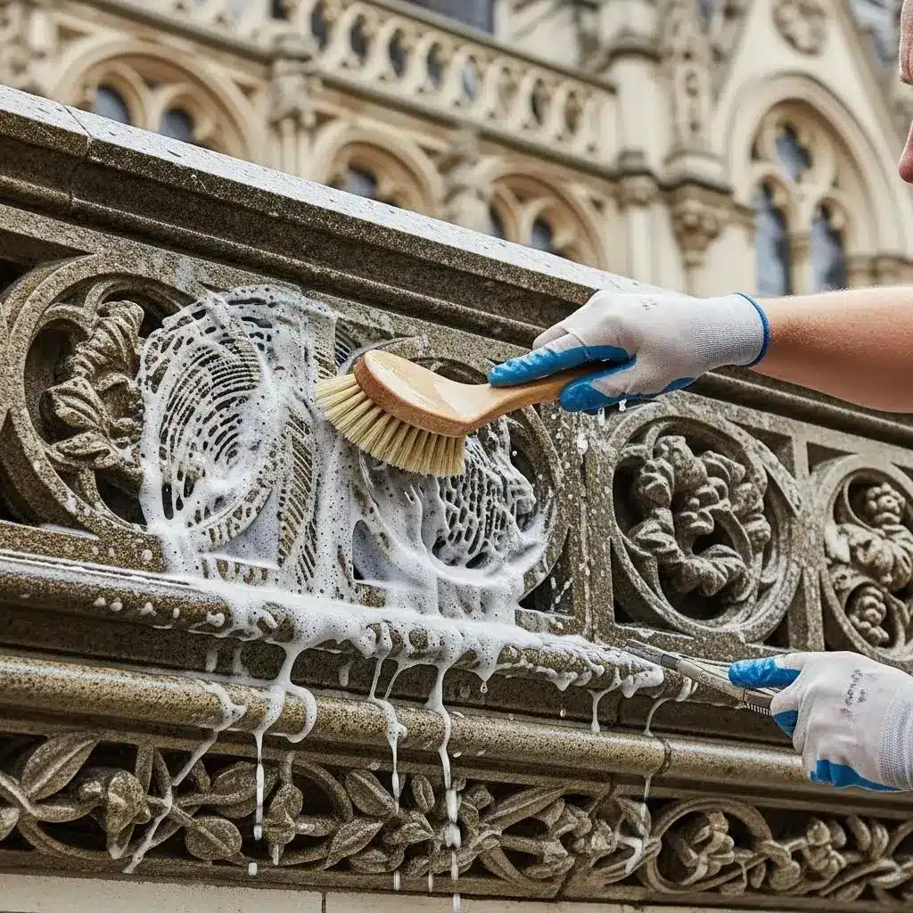 Professional using gentle cleaning techniques on historic stone facade, applying soapy solution with a brush, preserving architectural details.