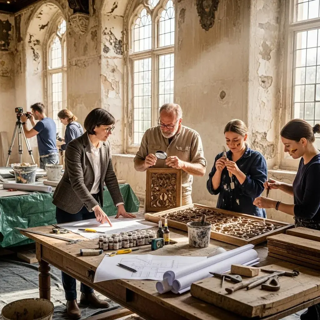Professionals collaborating on the restoration of a historic building, examining detailed woodwork and plans, in a well-lit, partially restored room with gothic windows.