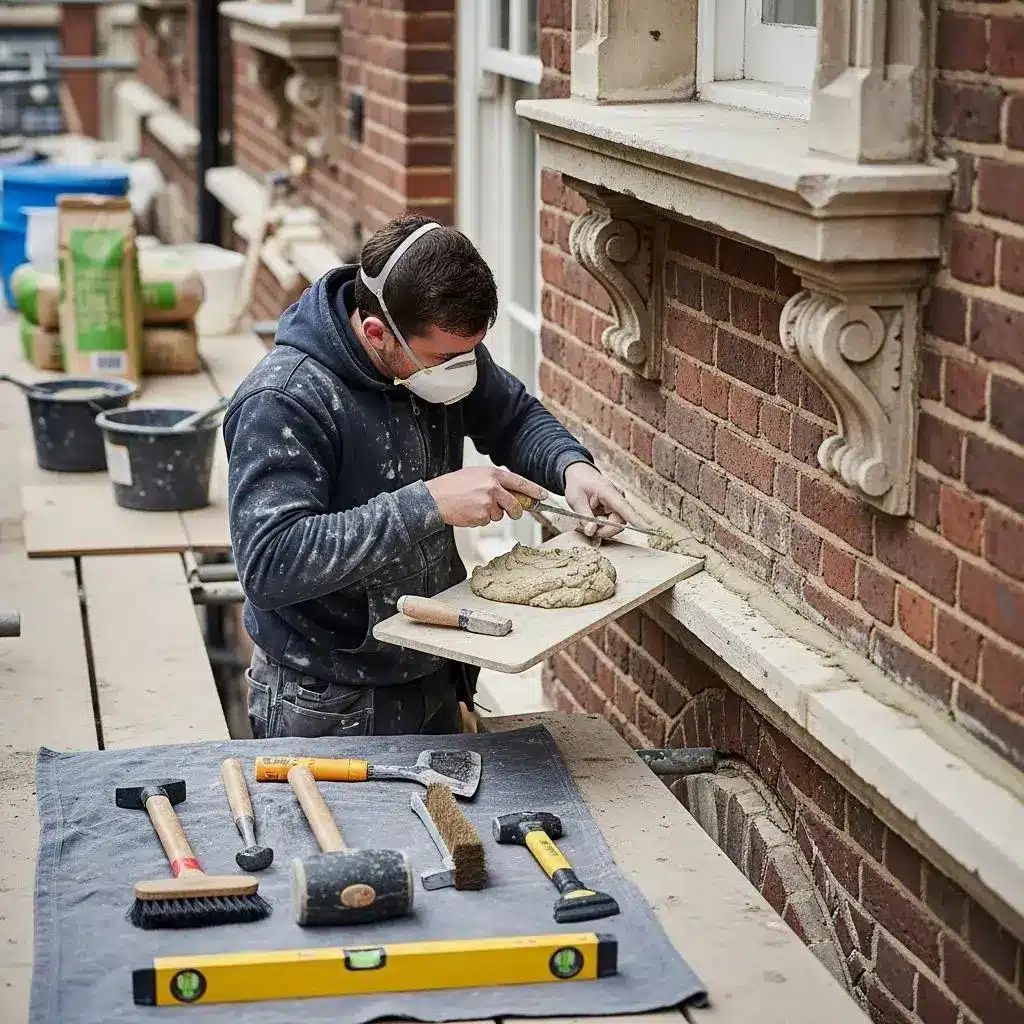 Worker performing masonry repair on a historic London facade, using lime-based mortar and various tools for restoration.
