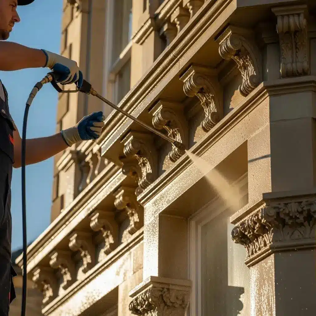 Professional cleaning a period home's facade in summer, showcasing facade maintenance techniques