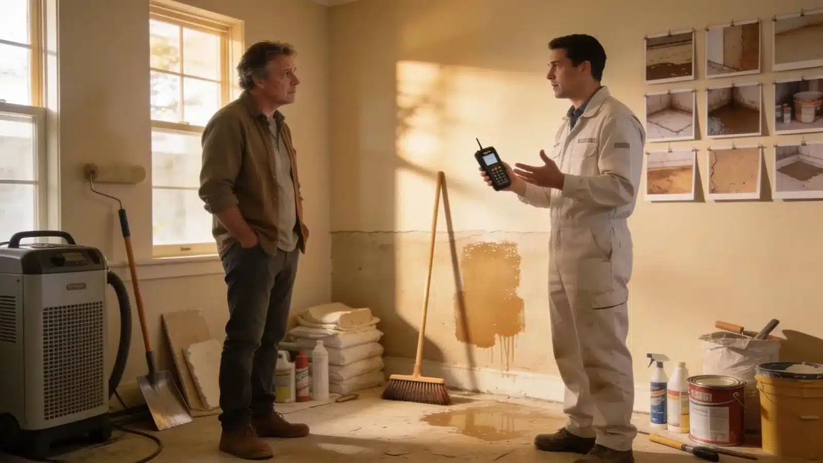 Homeowner consulting with a restoration professional about damp treatment concerns