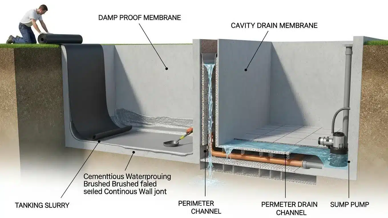 Visual representation of waterproofing techniques including damp proof membranes, tanking systems, and cavity drain systems